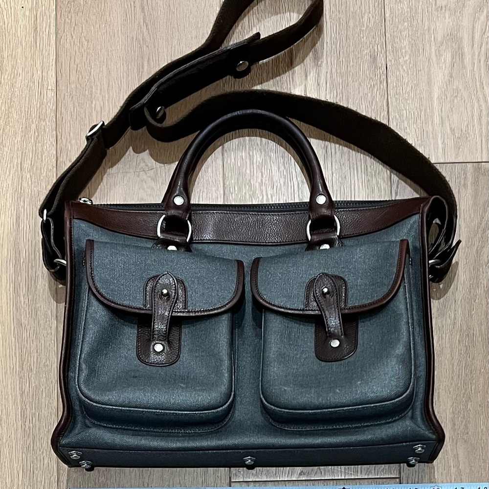 Gently used GHURKA Examiner No. 5 gray with brown leather trim w/ shoulder strap